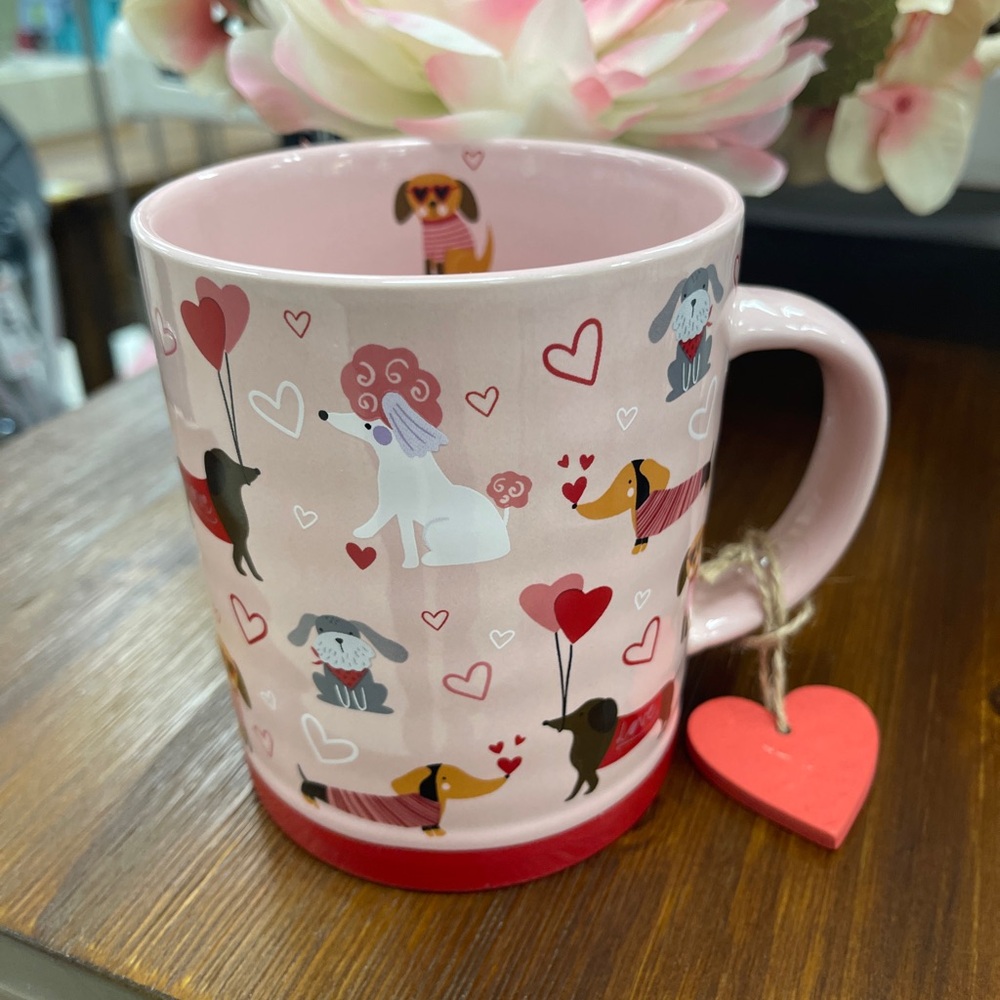 Valentine Dogs Dachshund poodle Schnauzer Ceramic Pink Coffee Mug Cup NEW